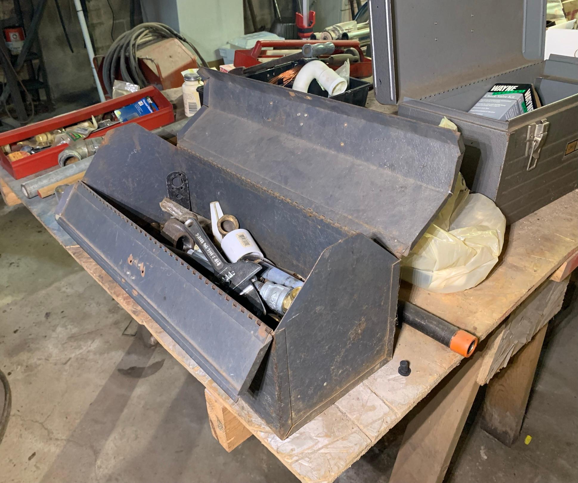 Table Top Clean Out - Copper Brass Plumbing, Pepsi Crate, Saw Blades, Clamps & More