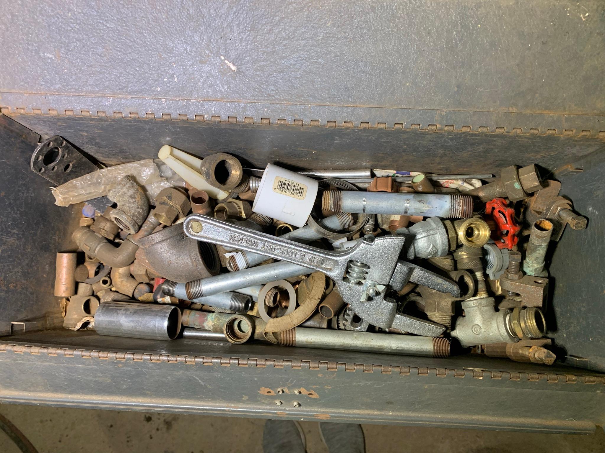 Table Top Clean Out - Copper Brass Plumbing, Pepsi Crate, Saw Blades, Clamps & More