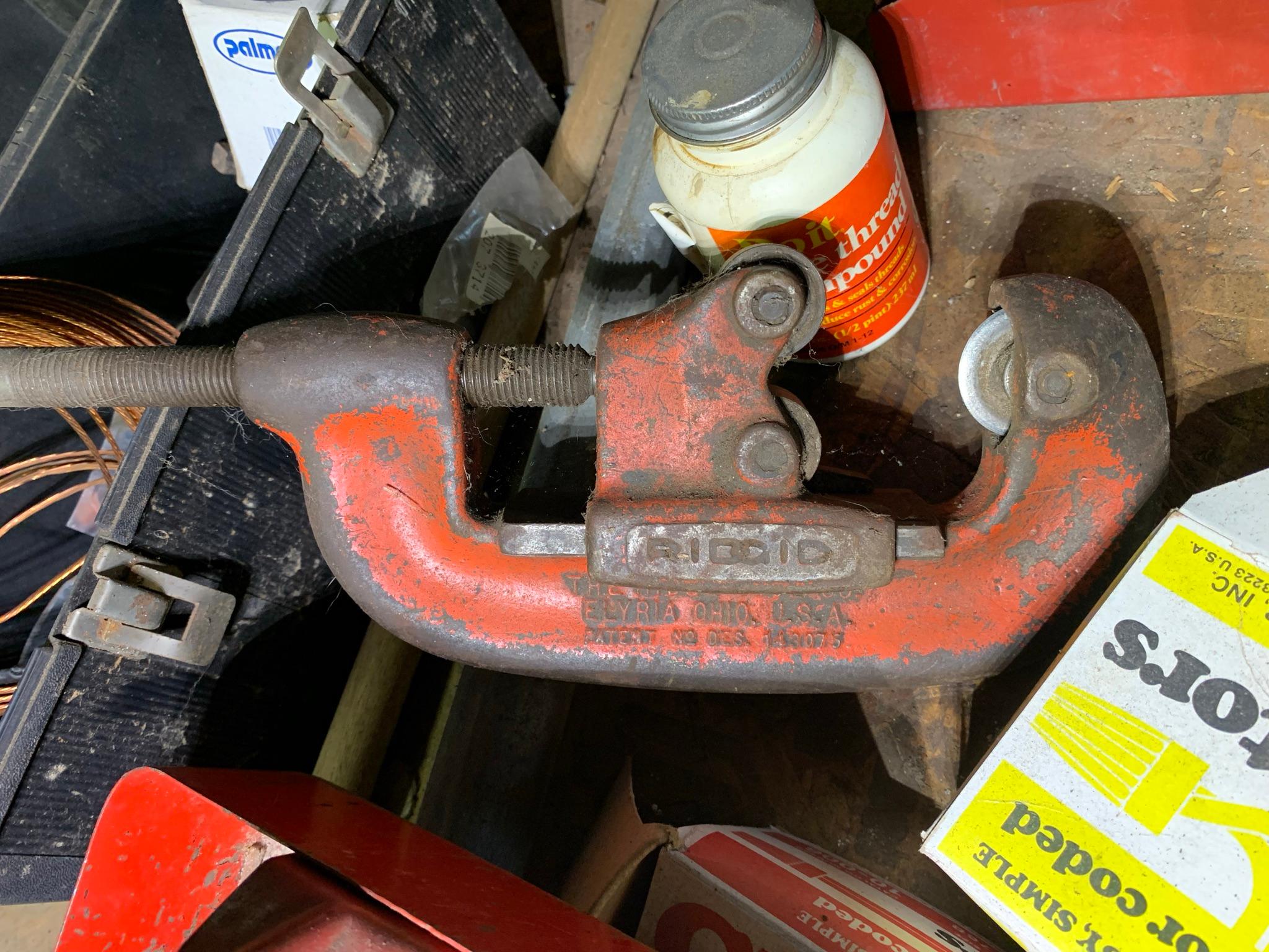 Table Top Clean Out - Copper Brass Plumbing, Pepsi Crate, Saw Blades, Clamps & More