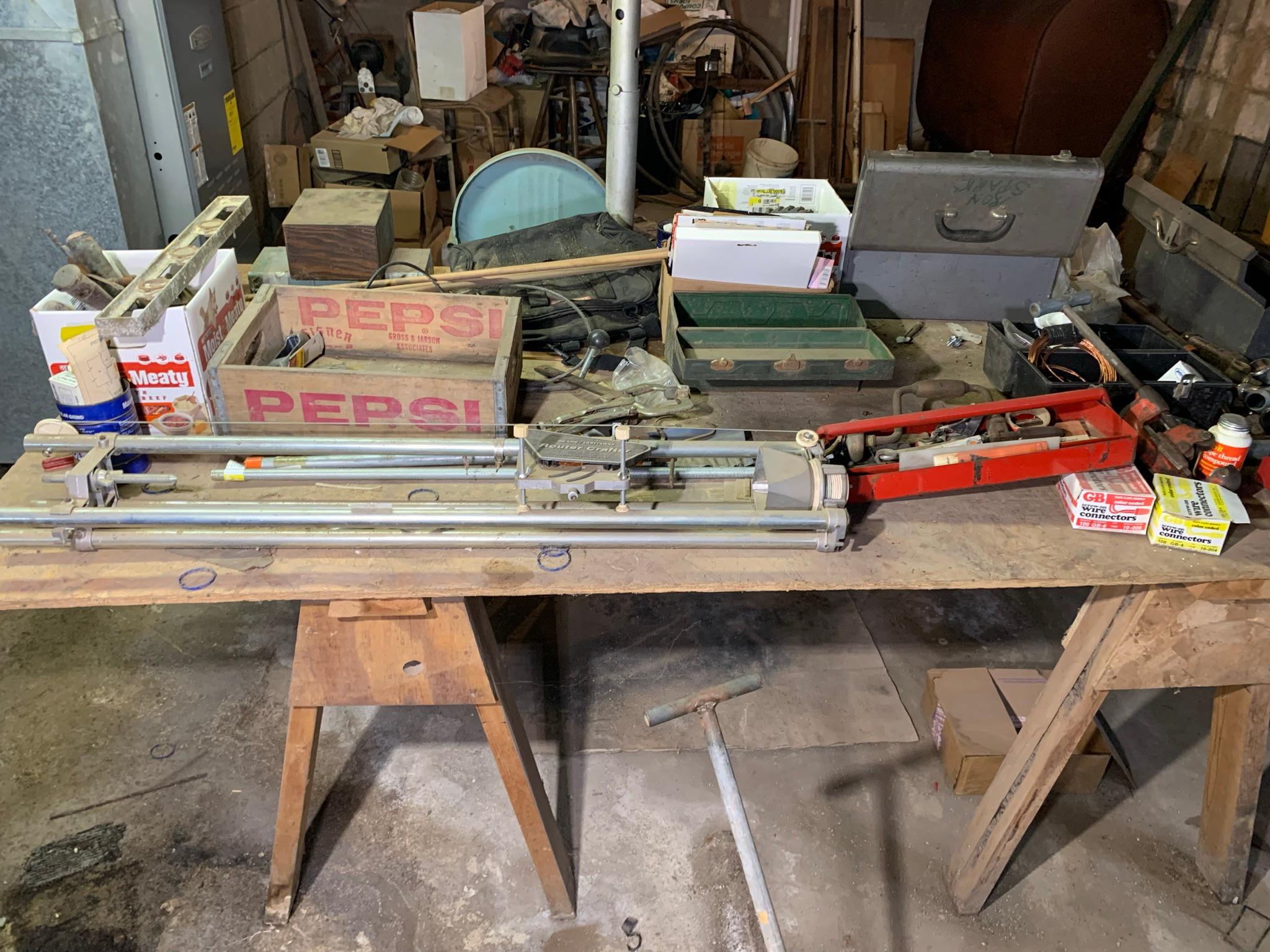 Table Top Clean Out - Copper Brass Plumbing, Pepsi Crate, Saw Blades, Clamps & More