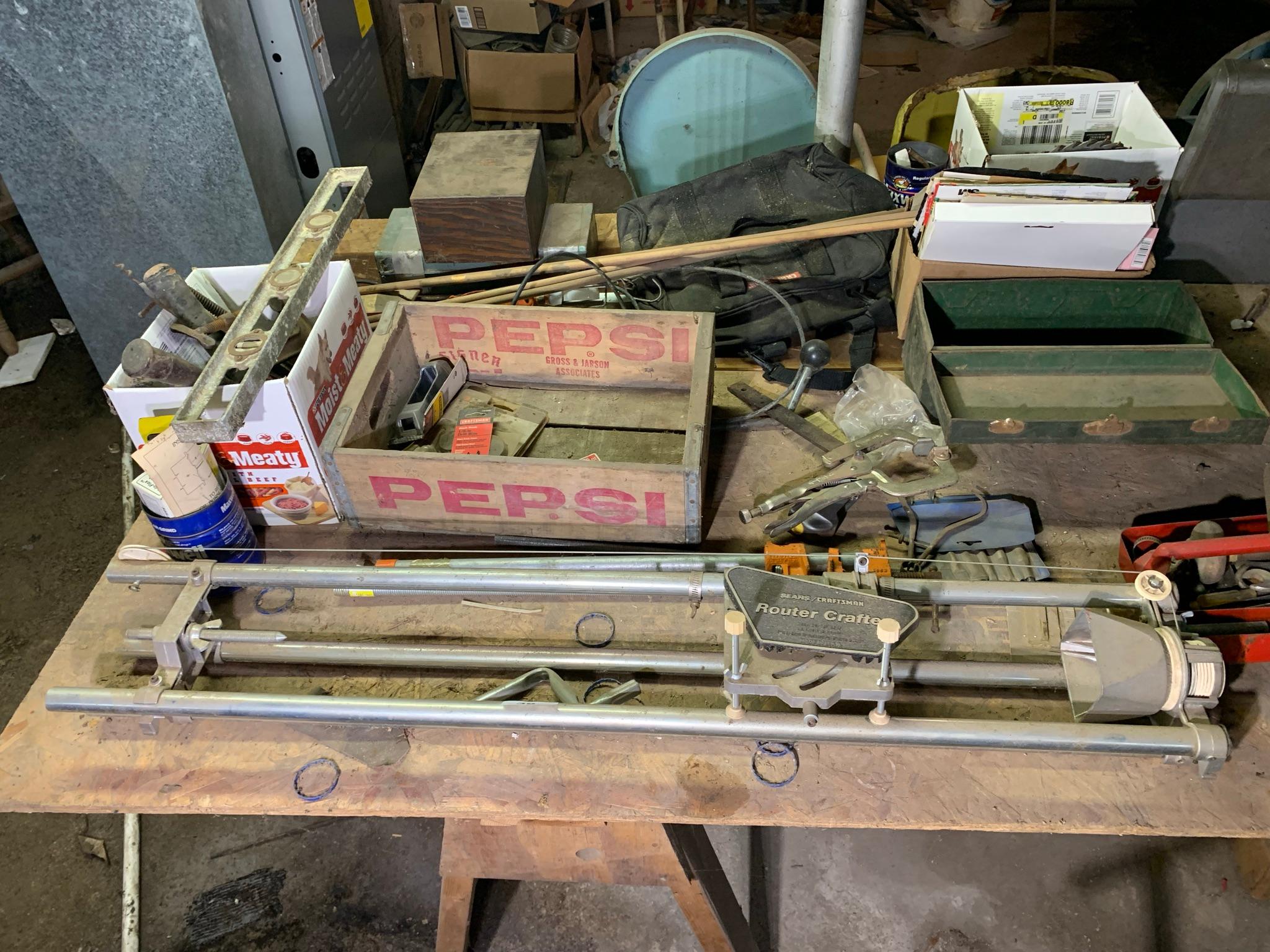 Table Top Clean Out - Copper Brass Plumbing, Pepsi Crate, Saw Blades, Clamps & More