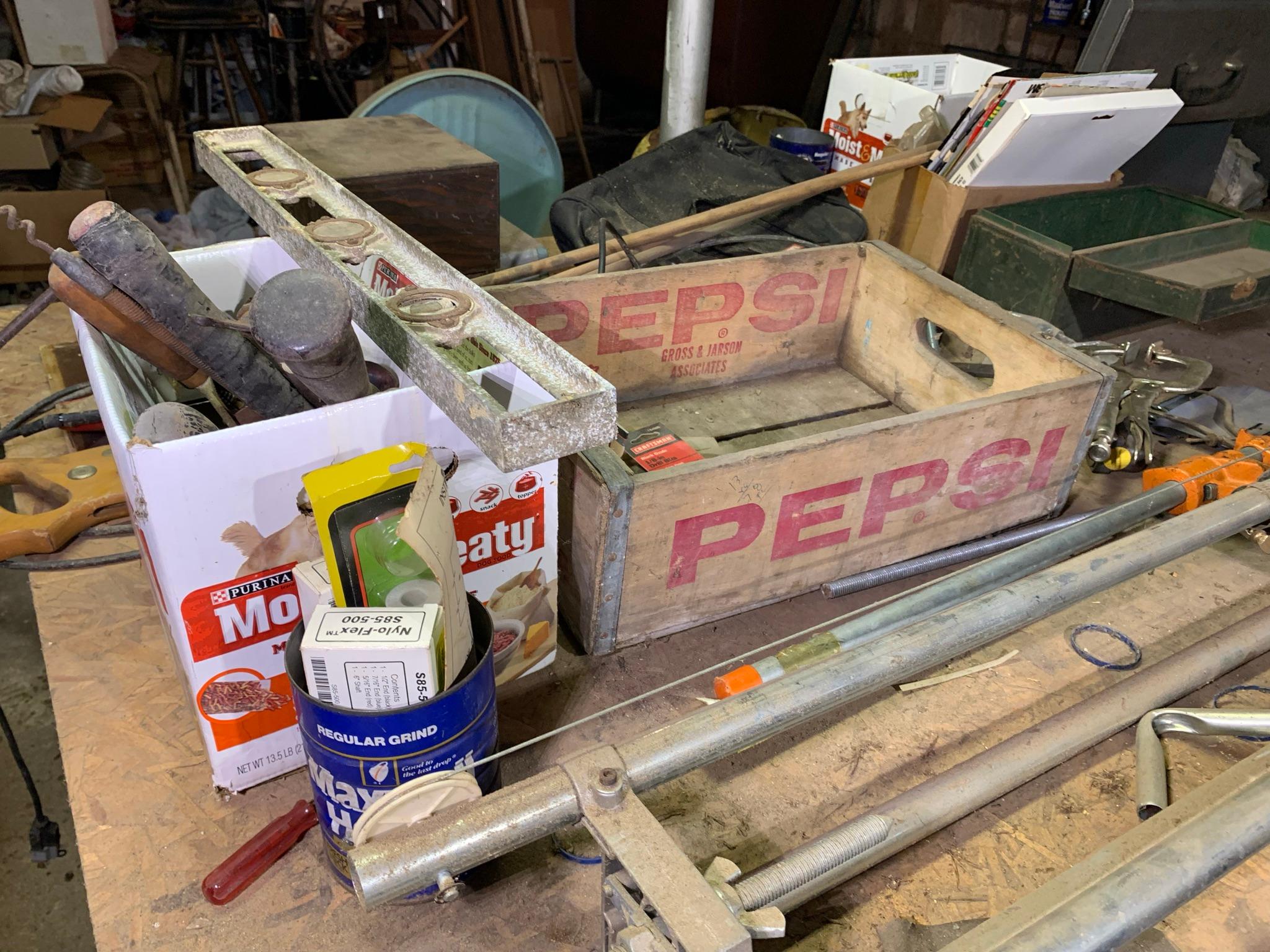 Table Top Clean Out - Copper Brass Plumbing, Pepsi Crate, Saw Blades, Clamps & More