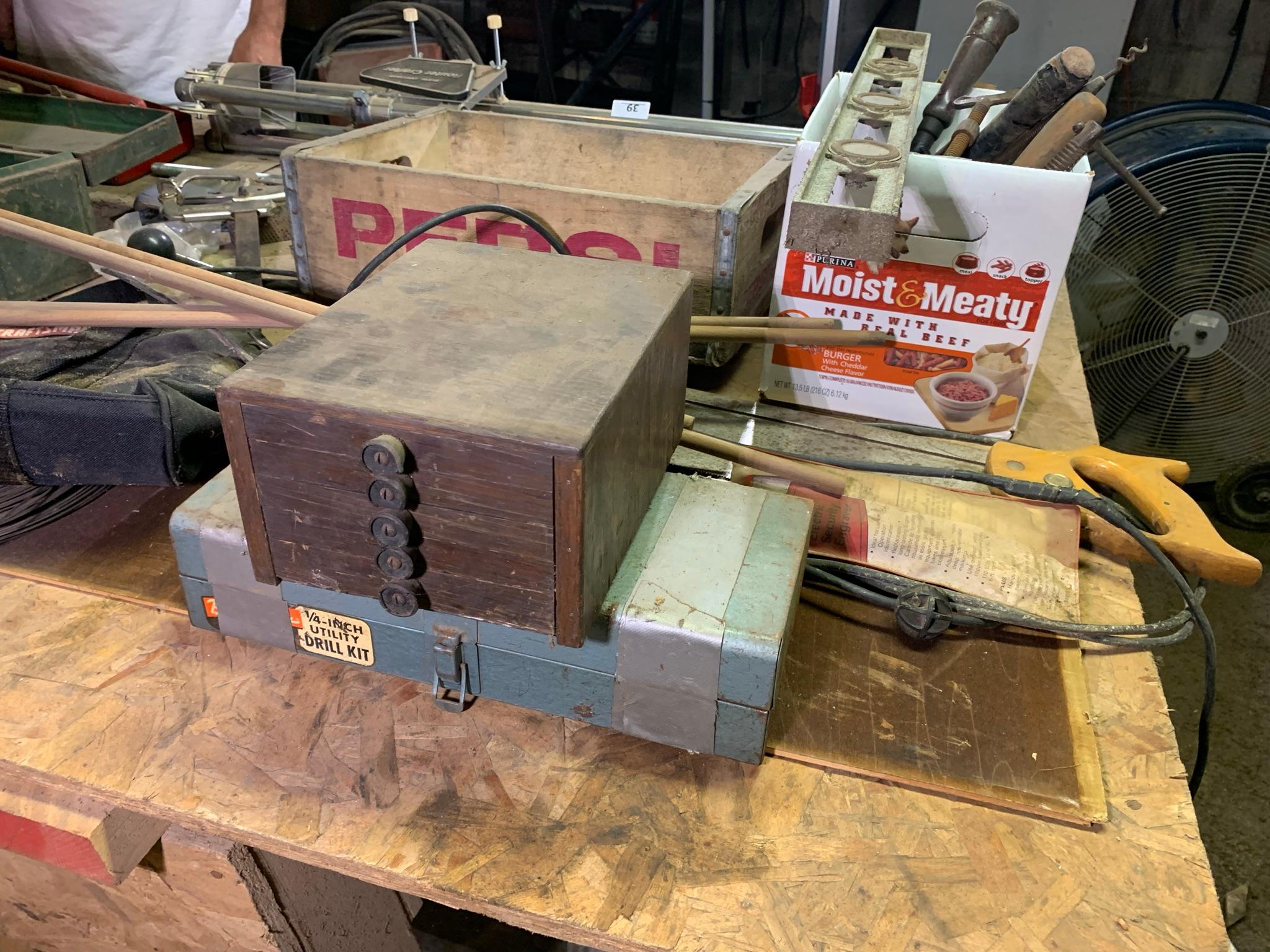 Table Top Clean Out - Copper Brass Plumbing, Pepsi Crate, Saw Blades, Clamps & More