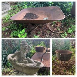 Cast Iron Caldron, Bathtub Fount (damages) & Early Wheelbarrow