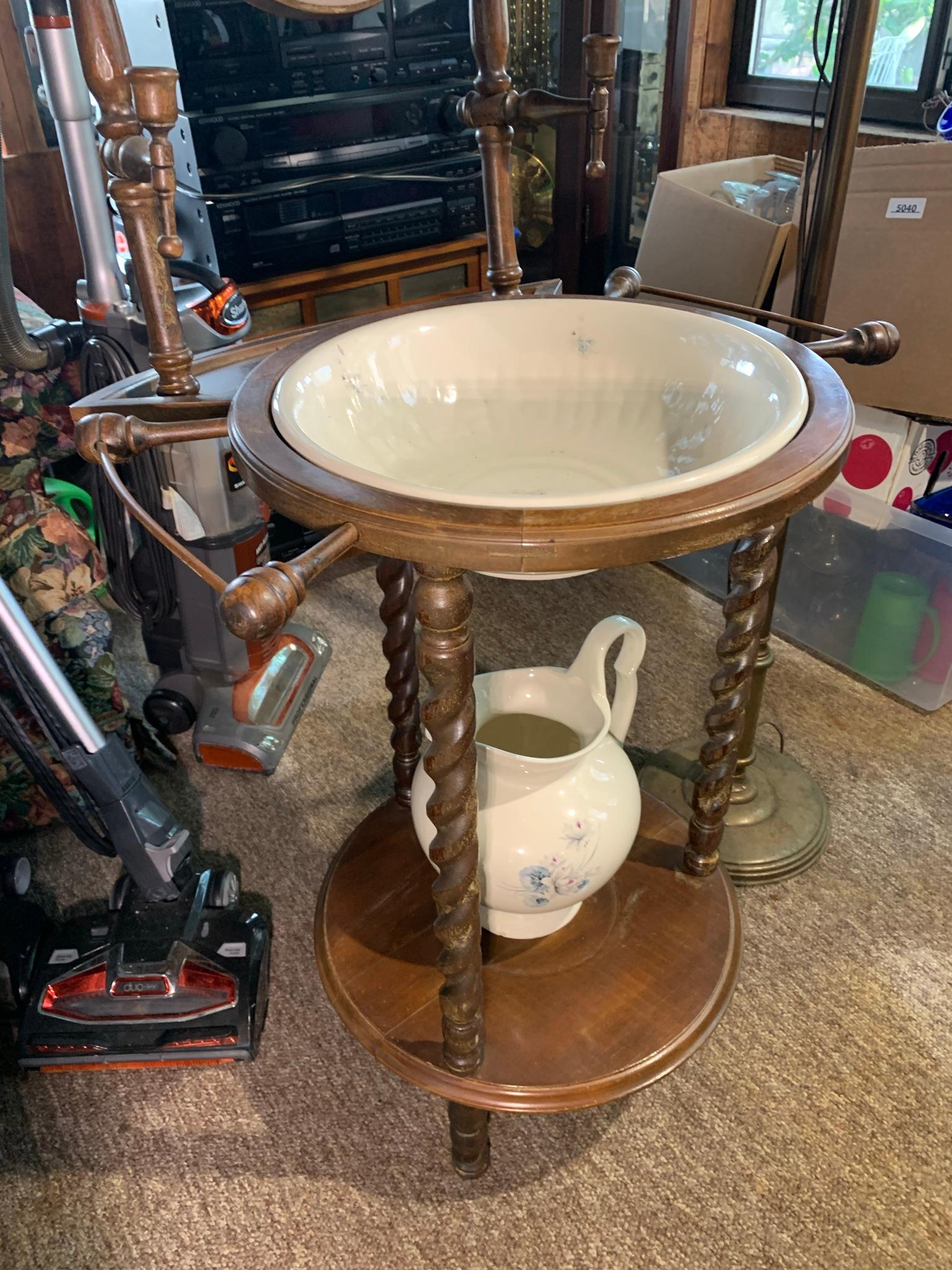 Antique Washstand with pitcher, Bowl & Floor Lamp