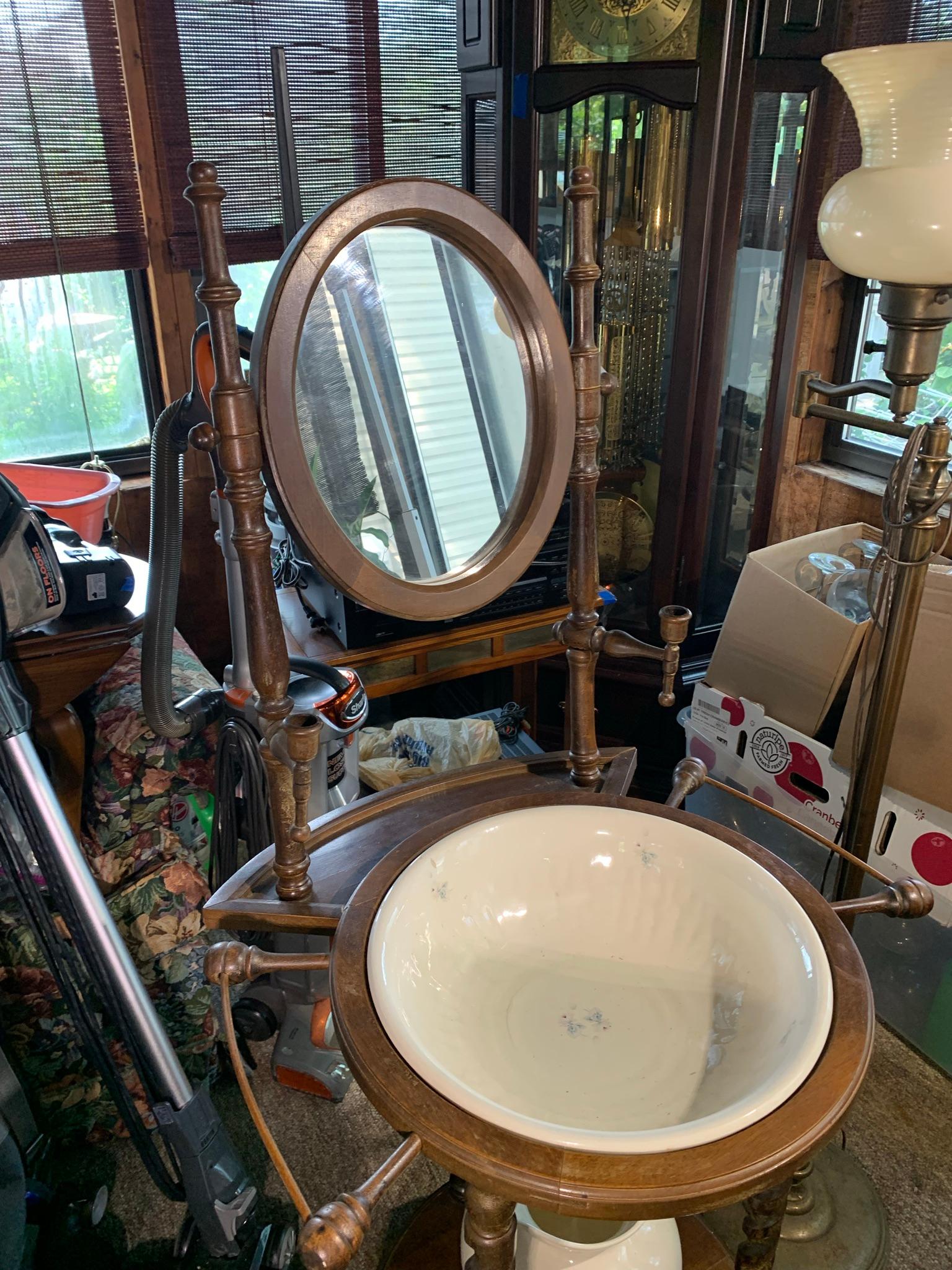 Antique Washstand with pitcher, Bowl & Floor Lamp