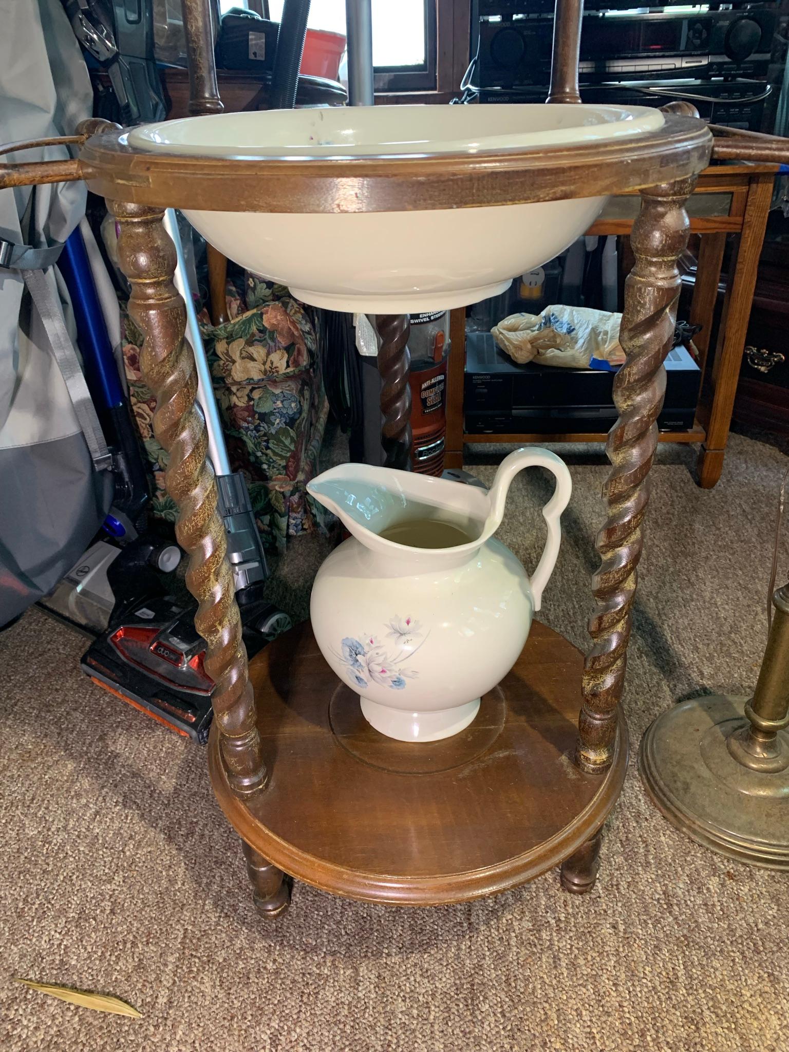 Antique Washstand with pitcher, Bowl & Floor Lamp