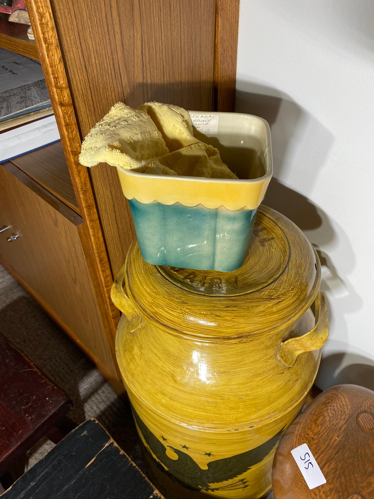 3 stools, milk can and Shawnee planter lot