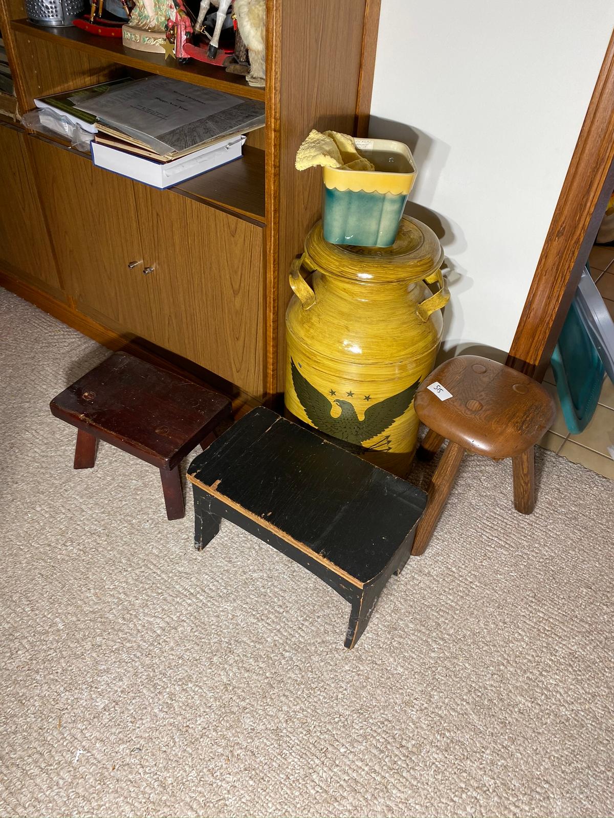 3 stools, milk can and Shawnee planter lot