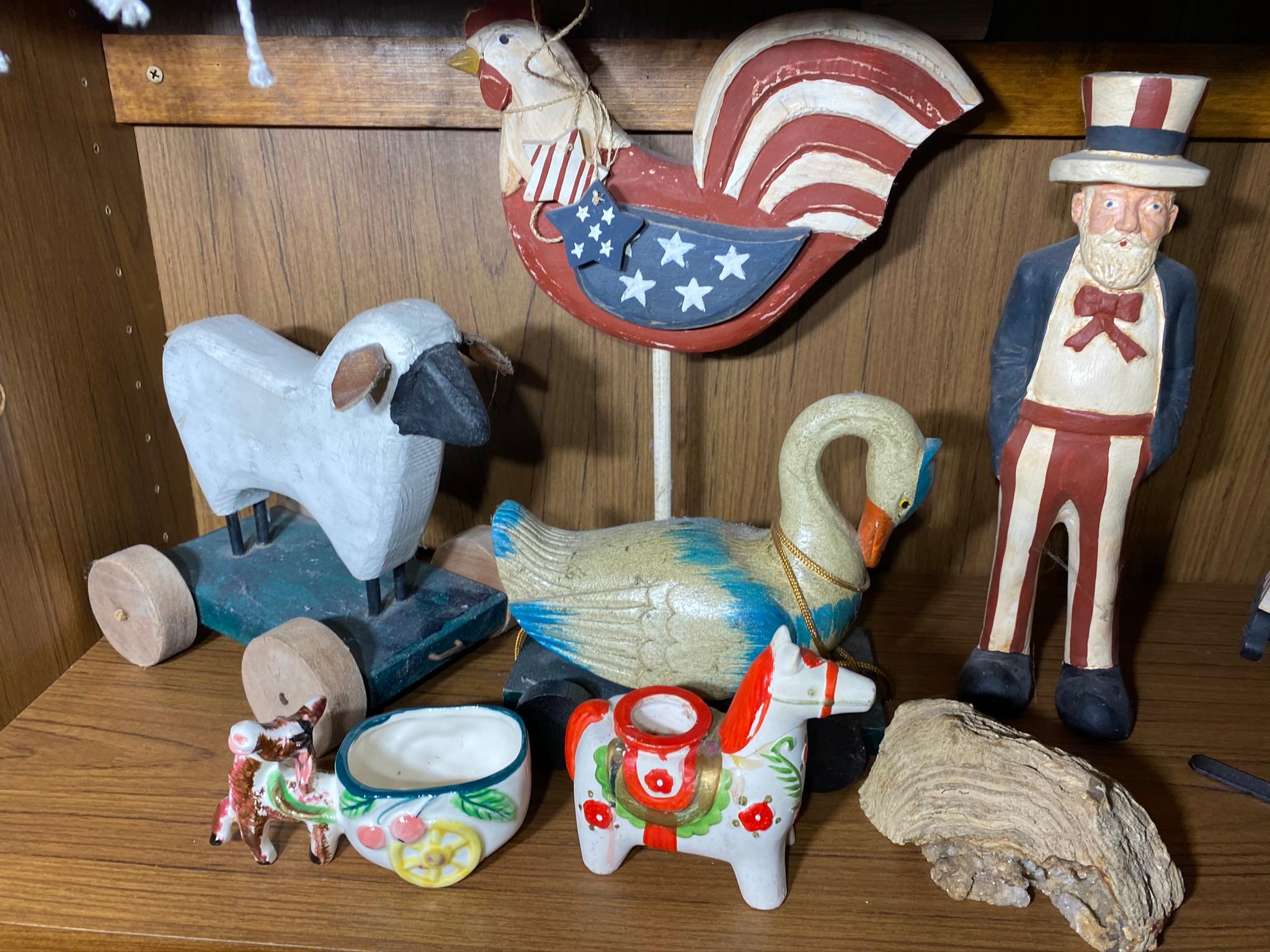 4 Shelves of Figurines, pottery and more