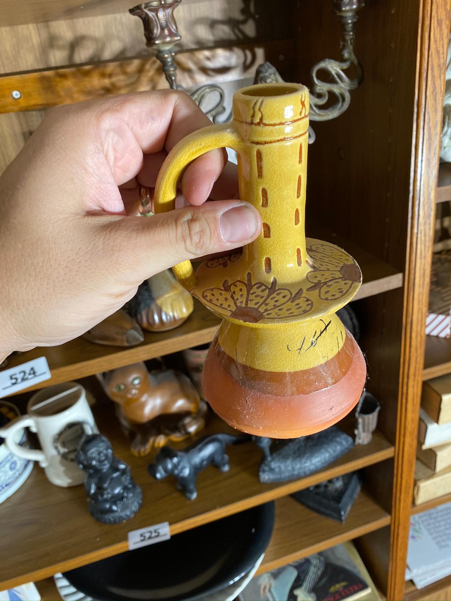 Shelf lot of decorative pottery, steins