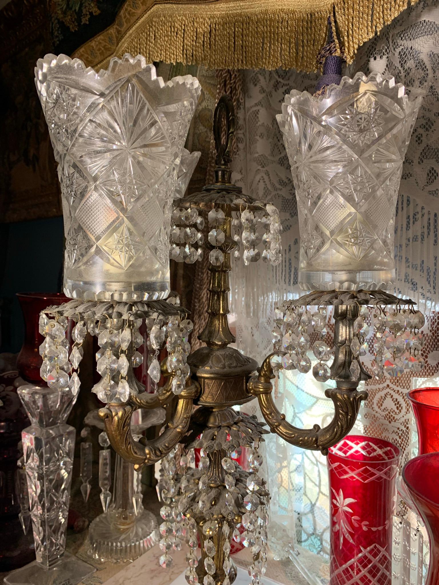 Hand Blown Crystal Candle Holders, Ruby Cut to Clear Glass, Italian Chandelier lamp etc