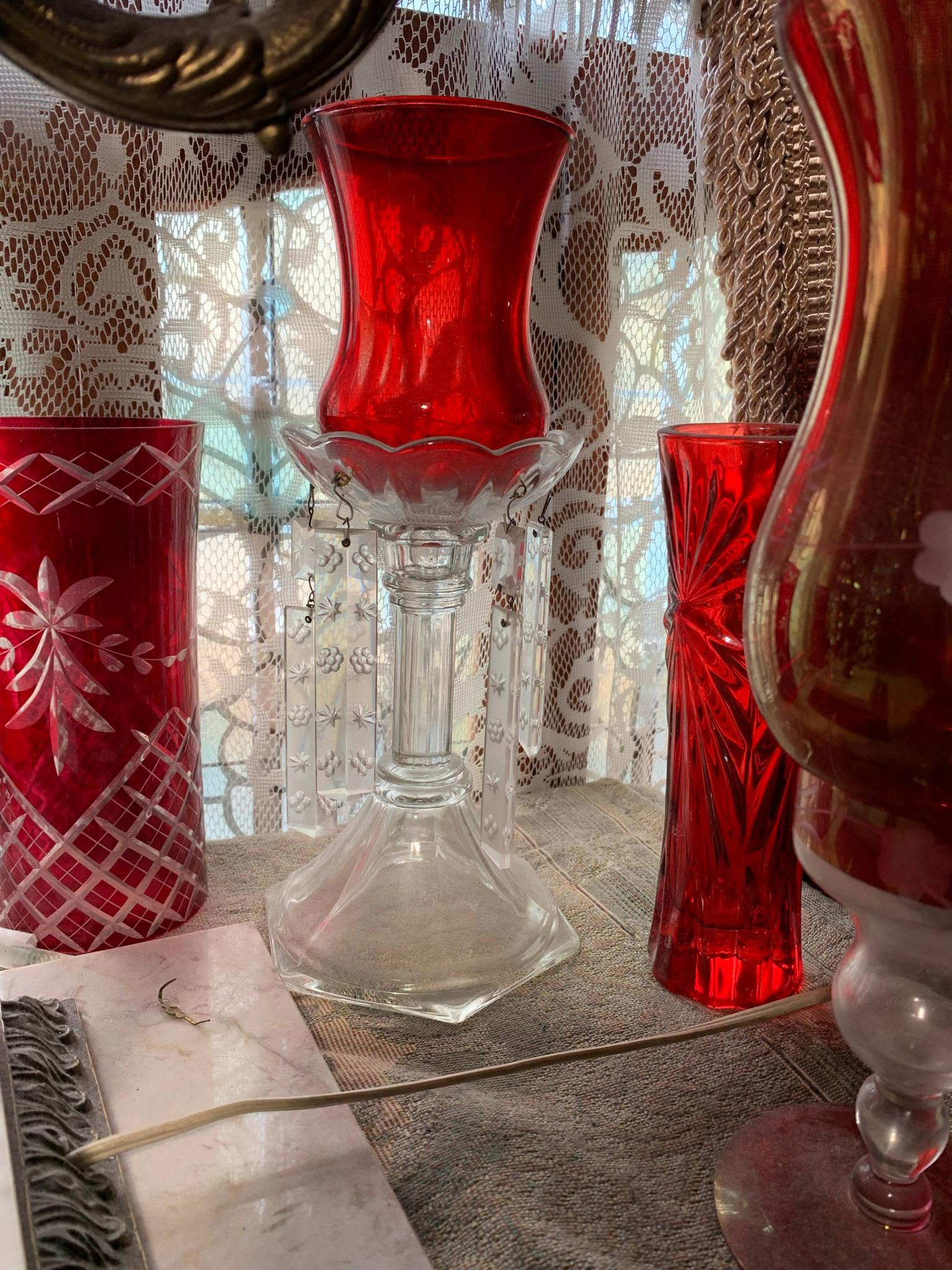 Hand Blown Crystal Candle Holders, Ruby Cut to Clear Glass, Italian Chandelier lamp etc