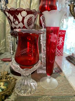 Hand Blown Crystal Candle Holders, Ruby Cut to Clear Glass, Italian Chandelier lamp etc