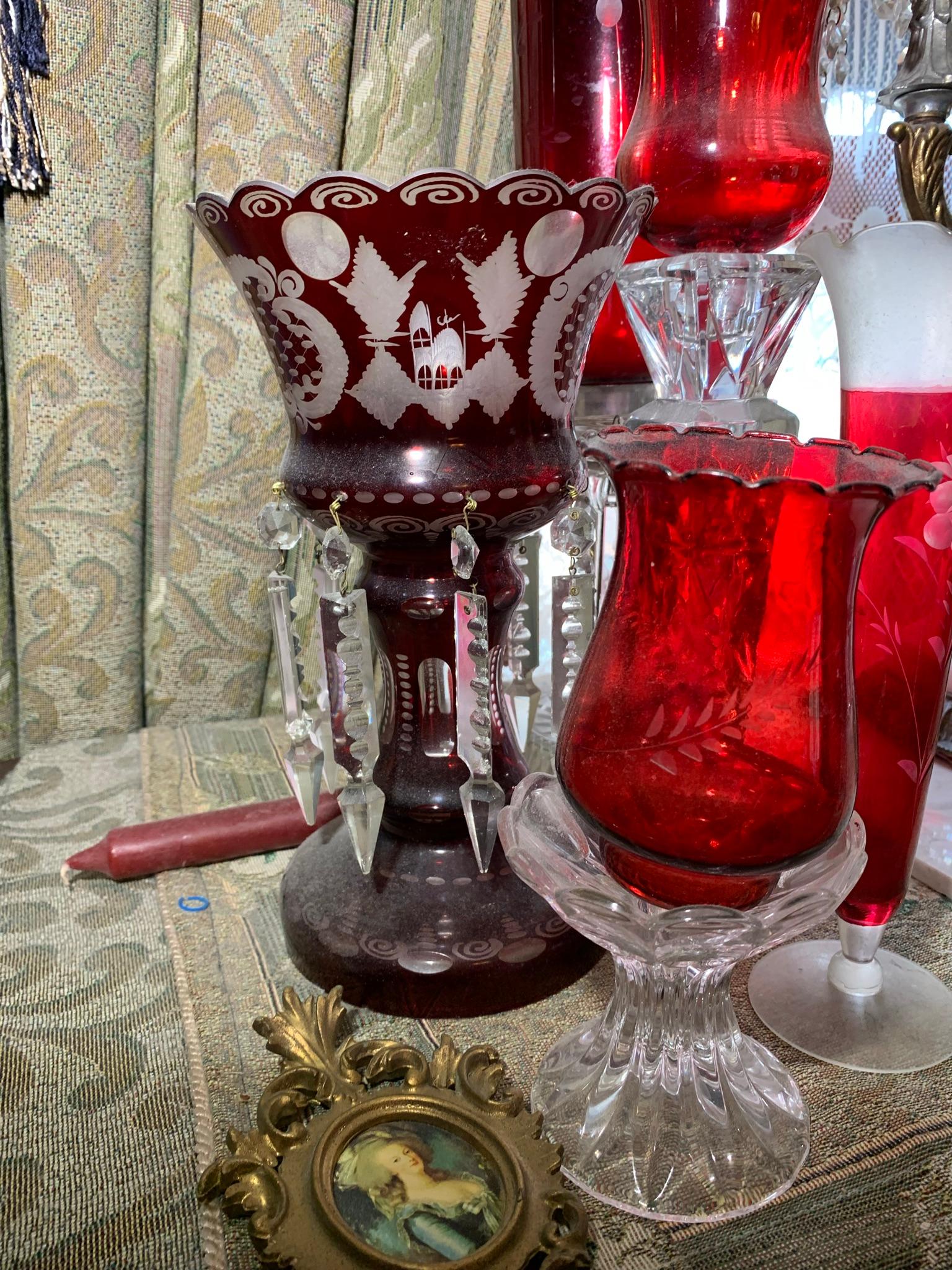 Hand Blown Crystal Candle Holders, Ruby Cut to Clear Glass, Italian Chandelier lamp etc