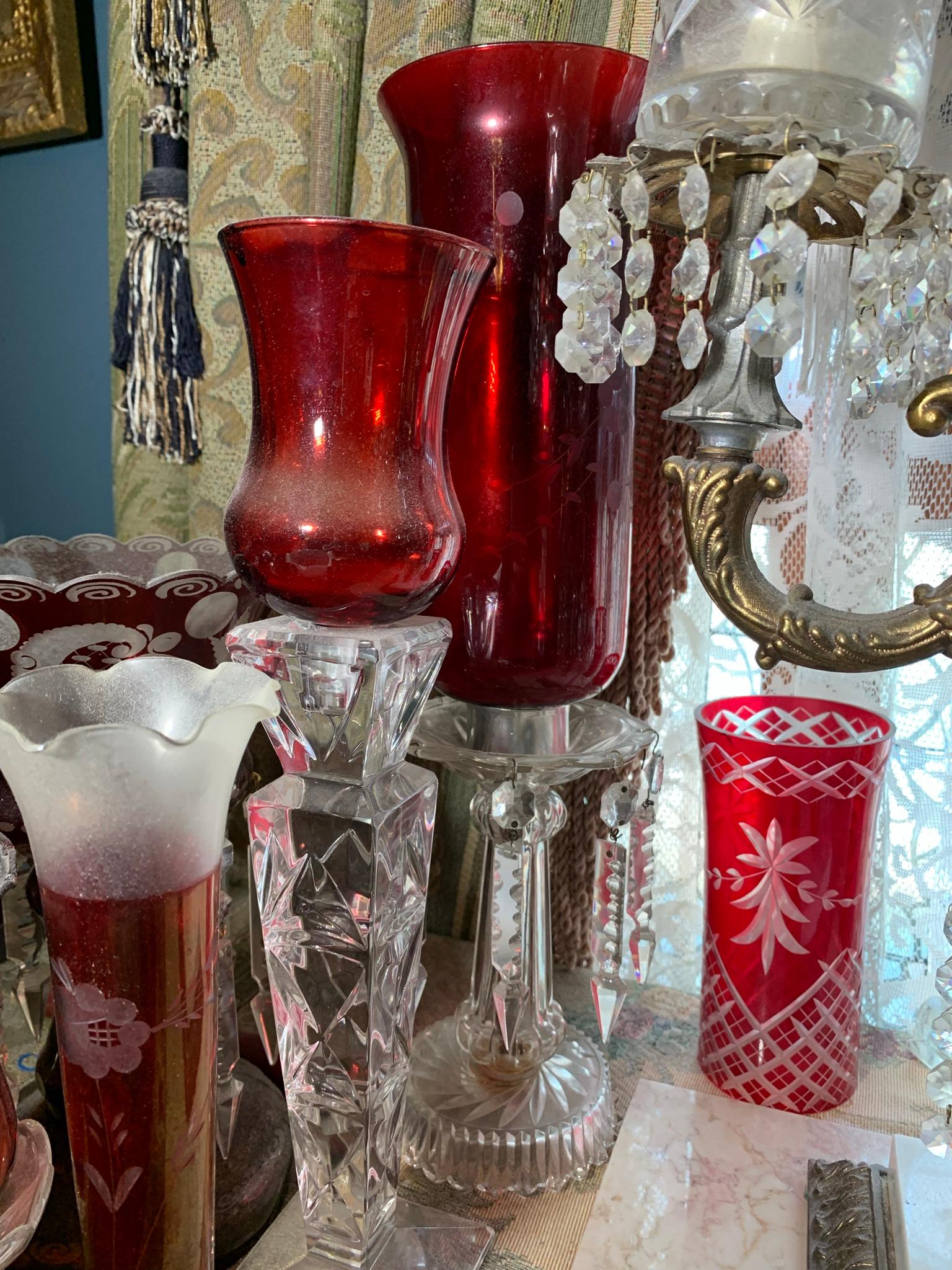 Hand Blown Crystal Candle Holders, Ruby Cut to Clear Glass, Italian Chandelier lamp etc