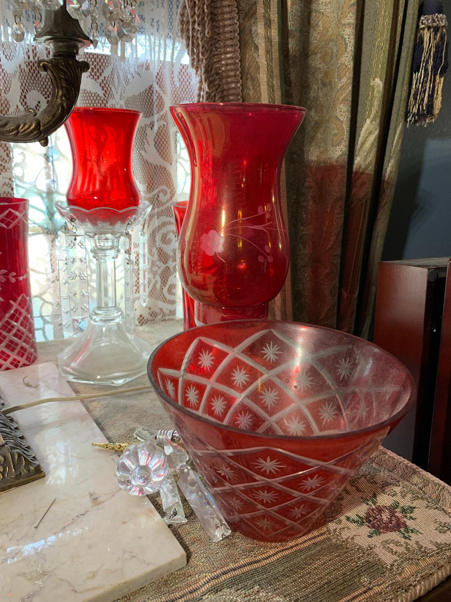 Hand Blown Crystal Candle Holders, Ruby Cut to Clear Glass, Italian Chandelier lamp etc