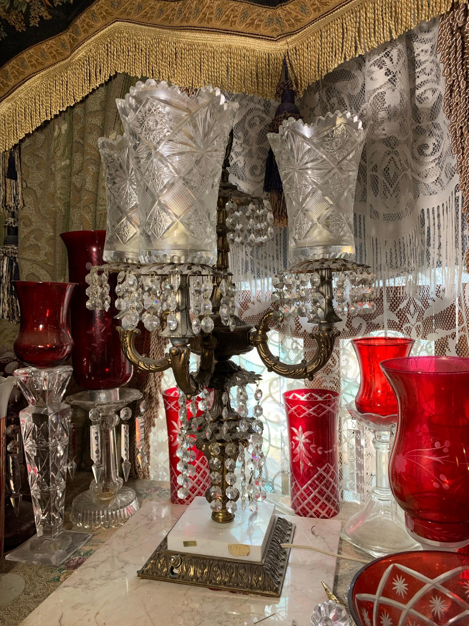 Hand Blown Crystal Candle Holders, Ruby Cut to Clear Glass, Italian Chandelier lamp etc