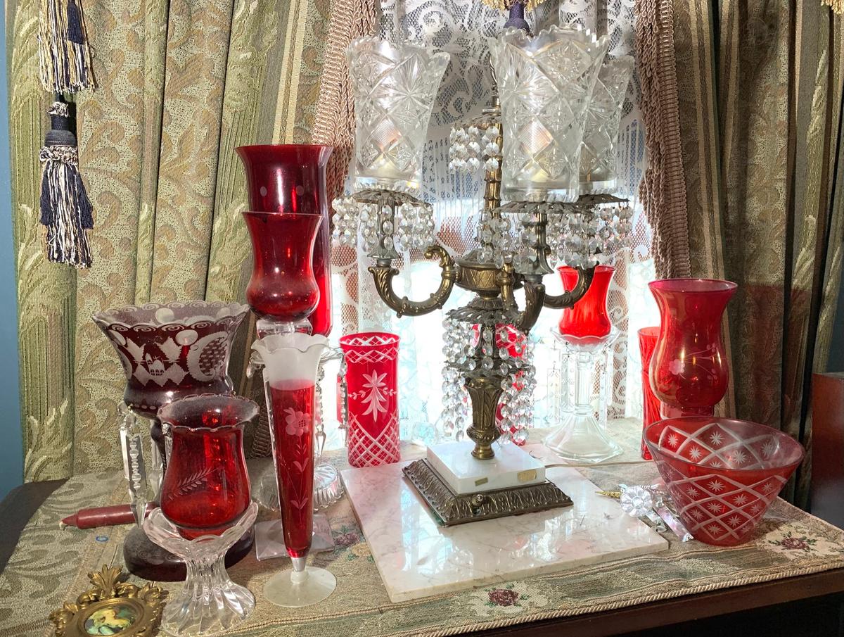 Hand Blown Crystal Candle Holders, Ruby Cut to Clear Glass, Italian Chandelier lamp etc