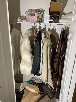 Closet Contents lot including Fur Coat, Fancy metallic purses