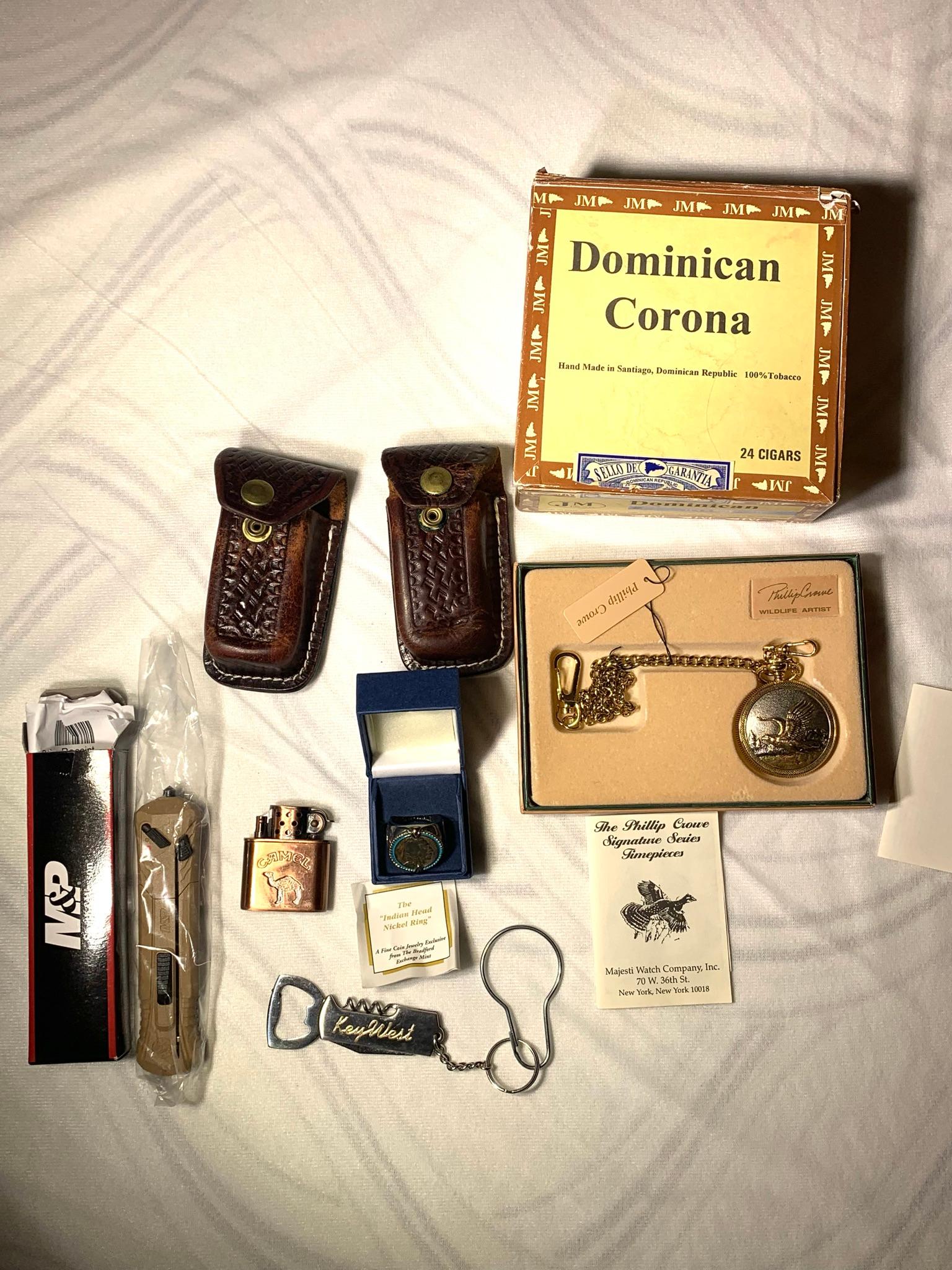 Camel Lighter, Indian Head Nickel Ring, Philip Crowe Pocket Watch & More