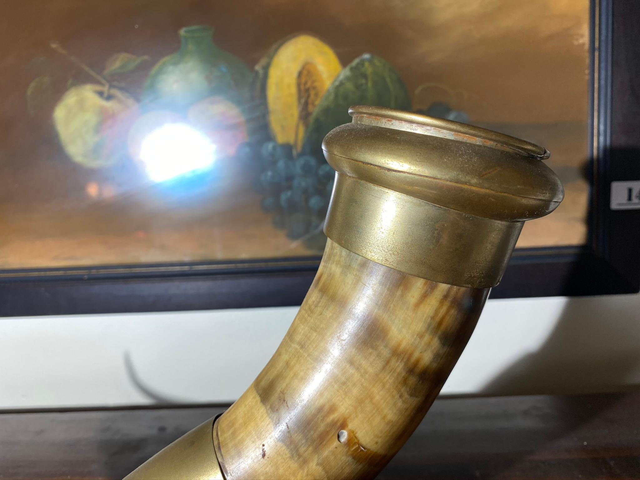 Antique Drinking Horn in Stand w/Brass Mounts