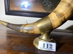 Antique Drinking Horn in Stand w/Brass Mounts