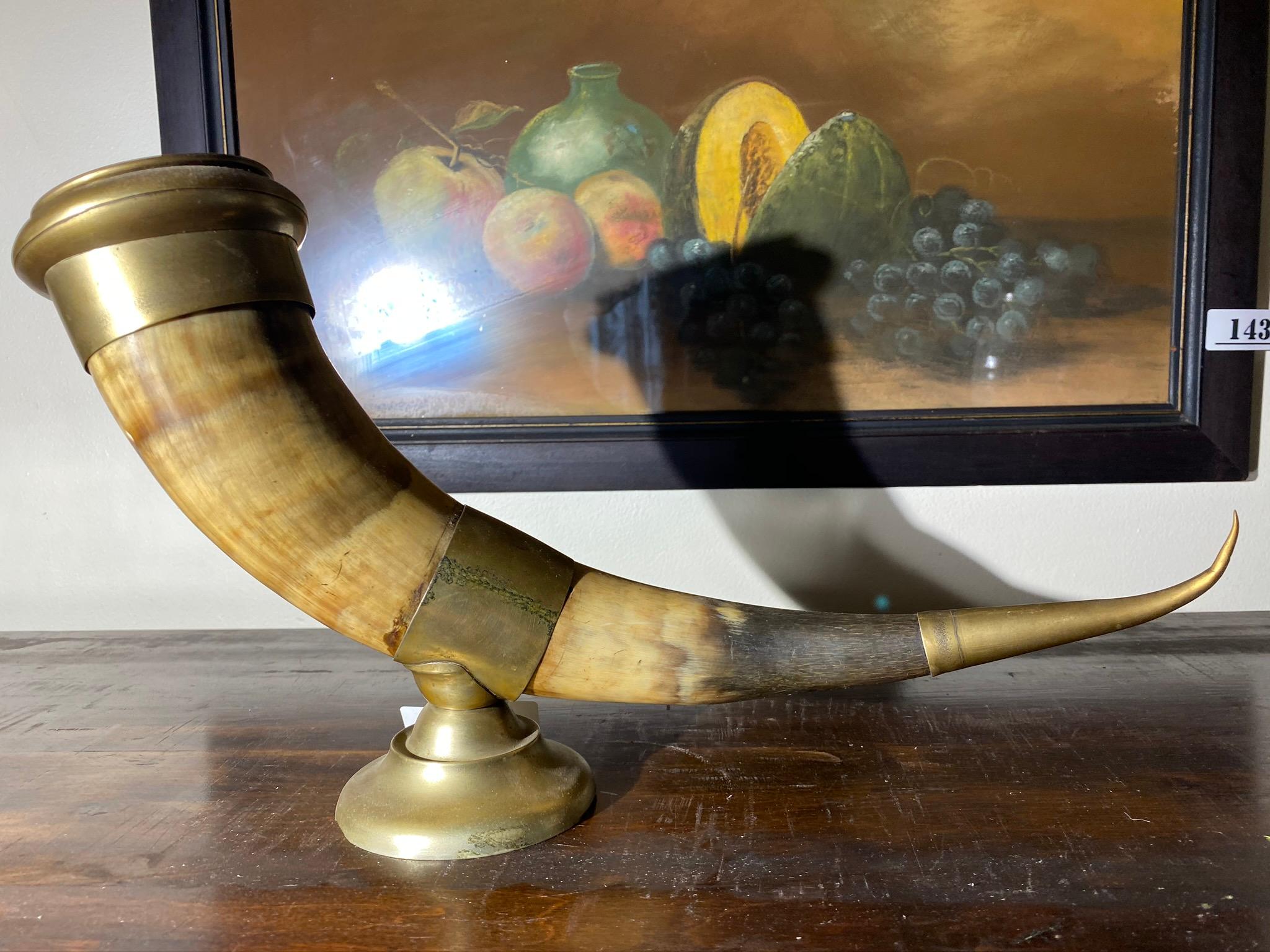 Antique Drinking Horn in Stand w/Brass Mounts