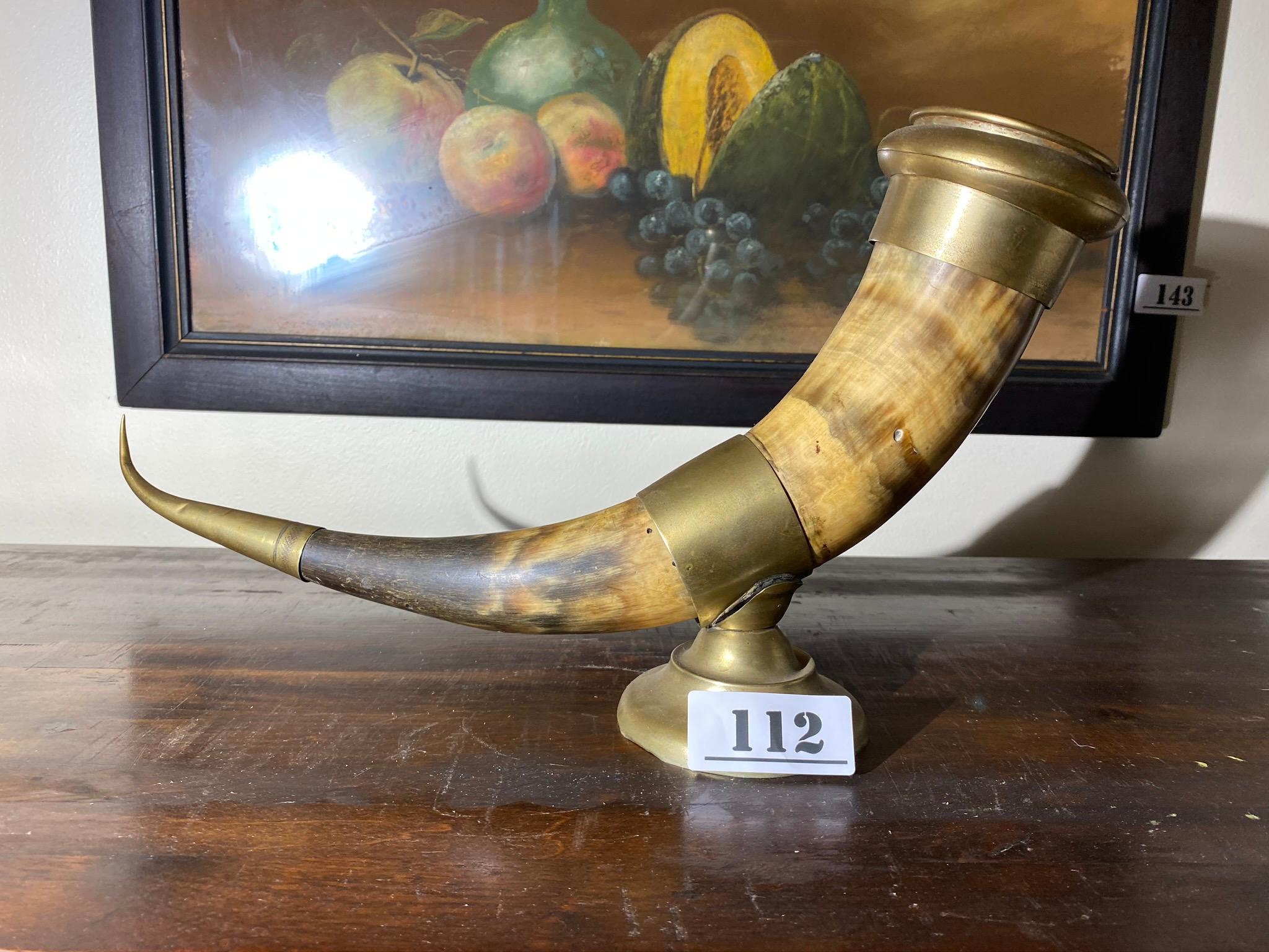 Antique Drinking Horn in Stand w/Brass Mounts