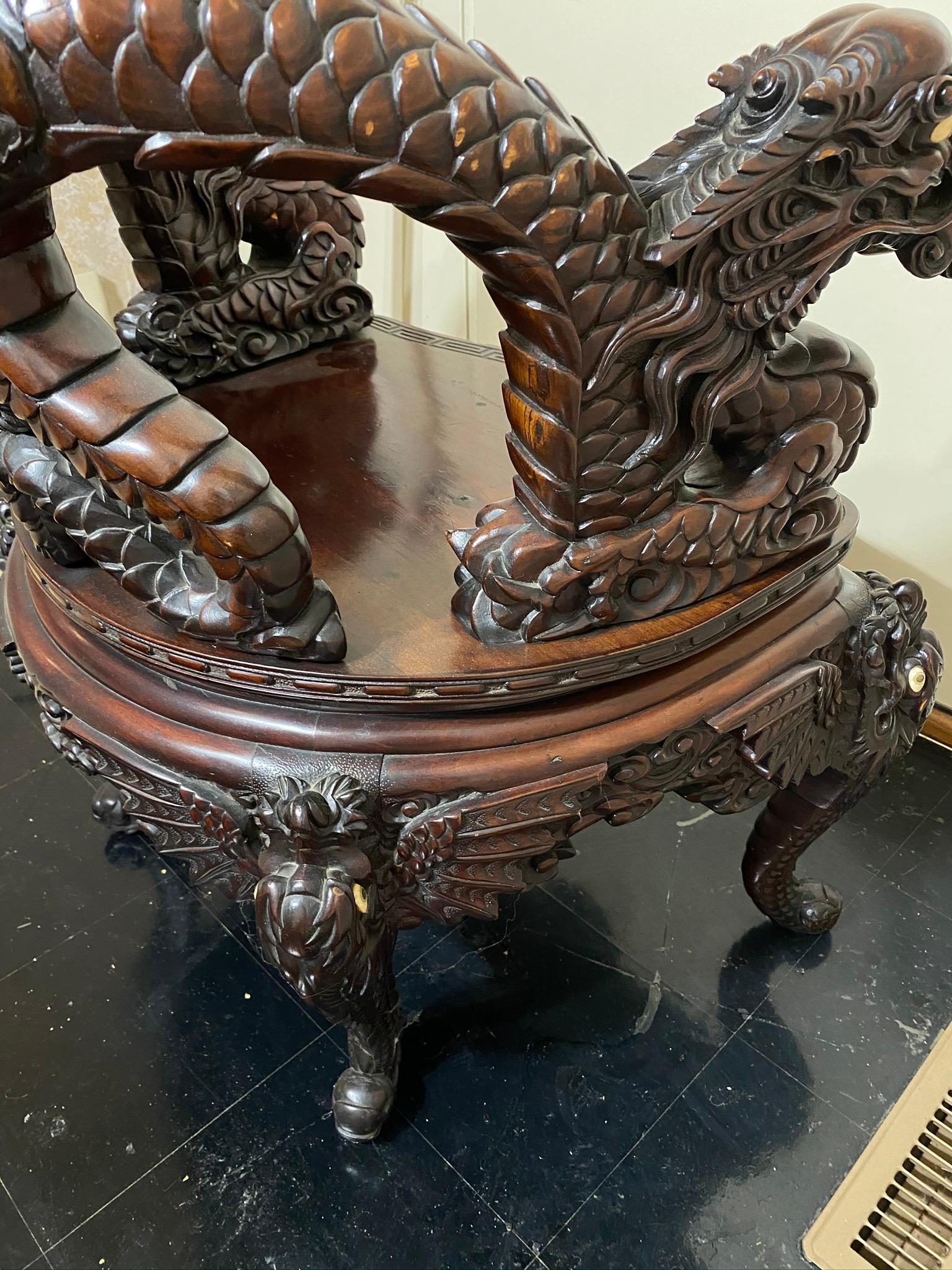 Elaborate Antique Japanese Carved Rosewood Dragon Chair