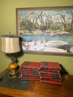 Oil on Canvas Framed Painting, Lamp & The World Book Encyclopedia