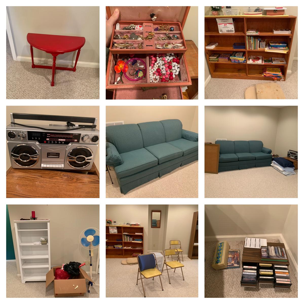 Clean Out Basement Room - Sofa, Side Stand, Shelves, Cassette Tapes, Bathroom Items & More