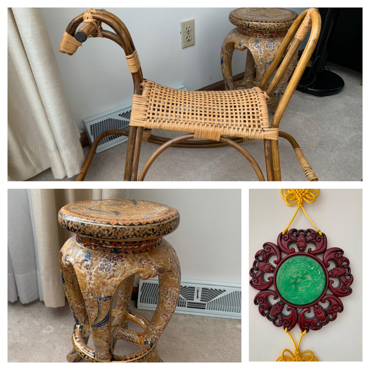 Oriental Style Wall Hanging, Rocking Horse, & Plant Stand
