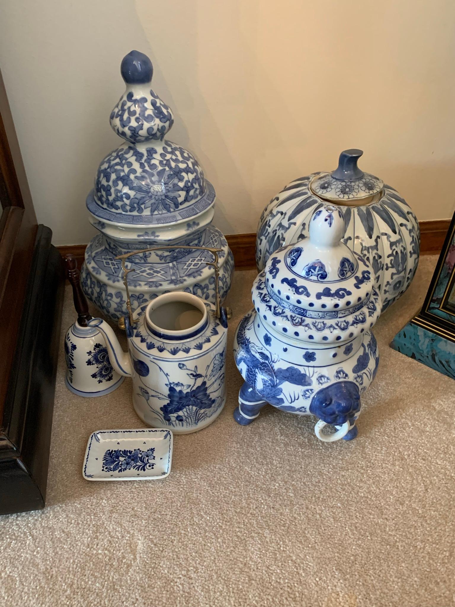 Oriental Style Wall Hangings, Collector Plates, Display Cabinet, Blue/White Pottery, Candle Holders