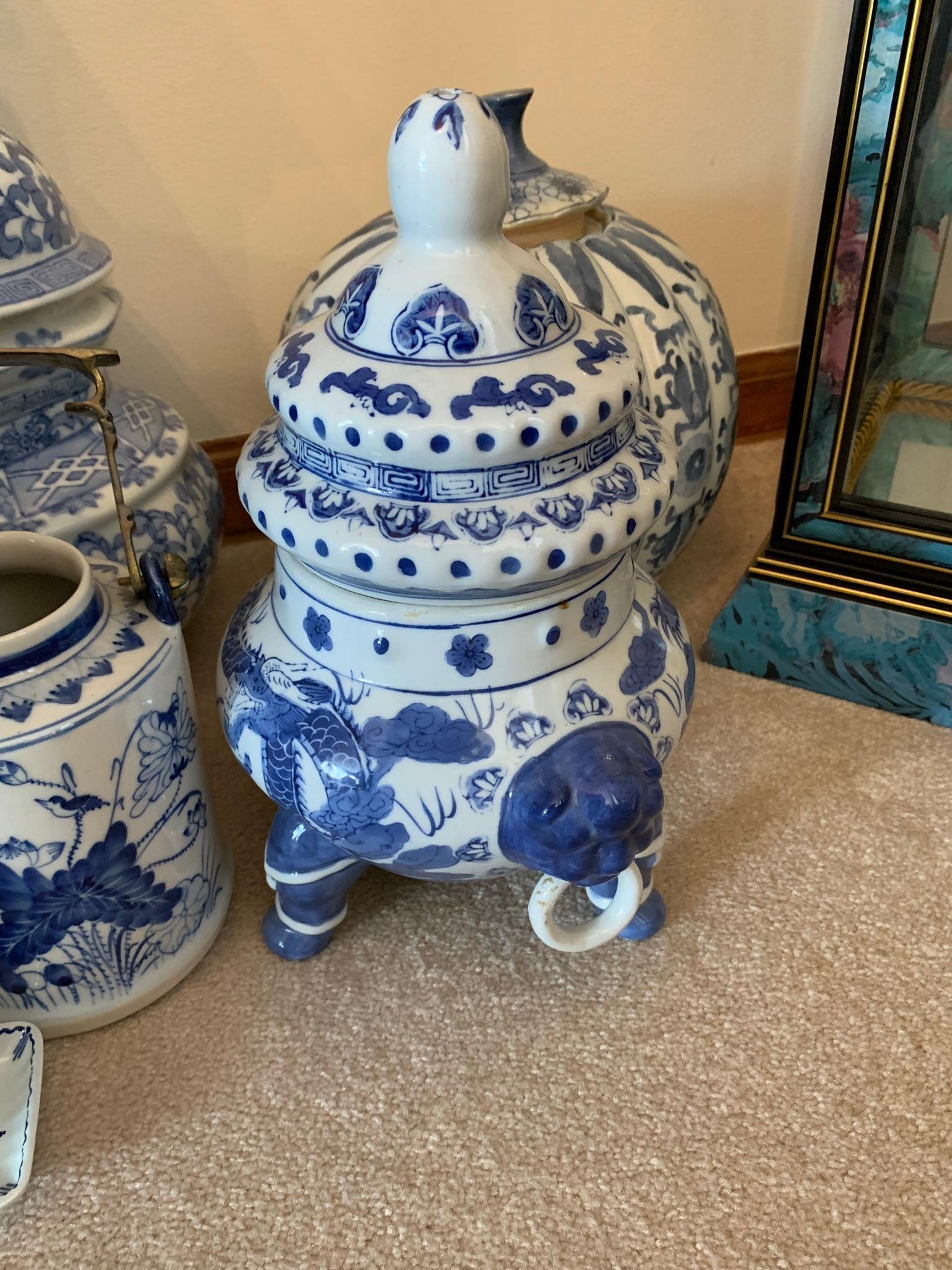 Oriental Style Wall Hangings, Collector Plates, Display Cabinet, Blue/White Pottery, Candle Holders