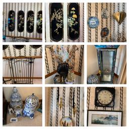 Oriental Style Wall Hangings, Collector Plates, Display Cabinet, Blue/White Pottery, Candle Holders