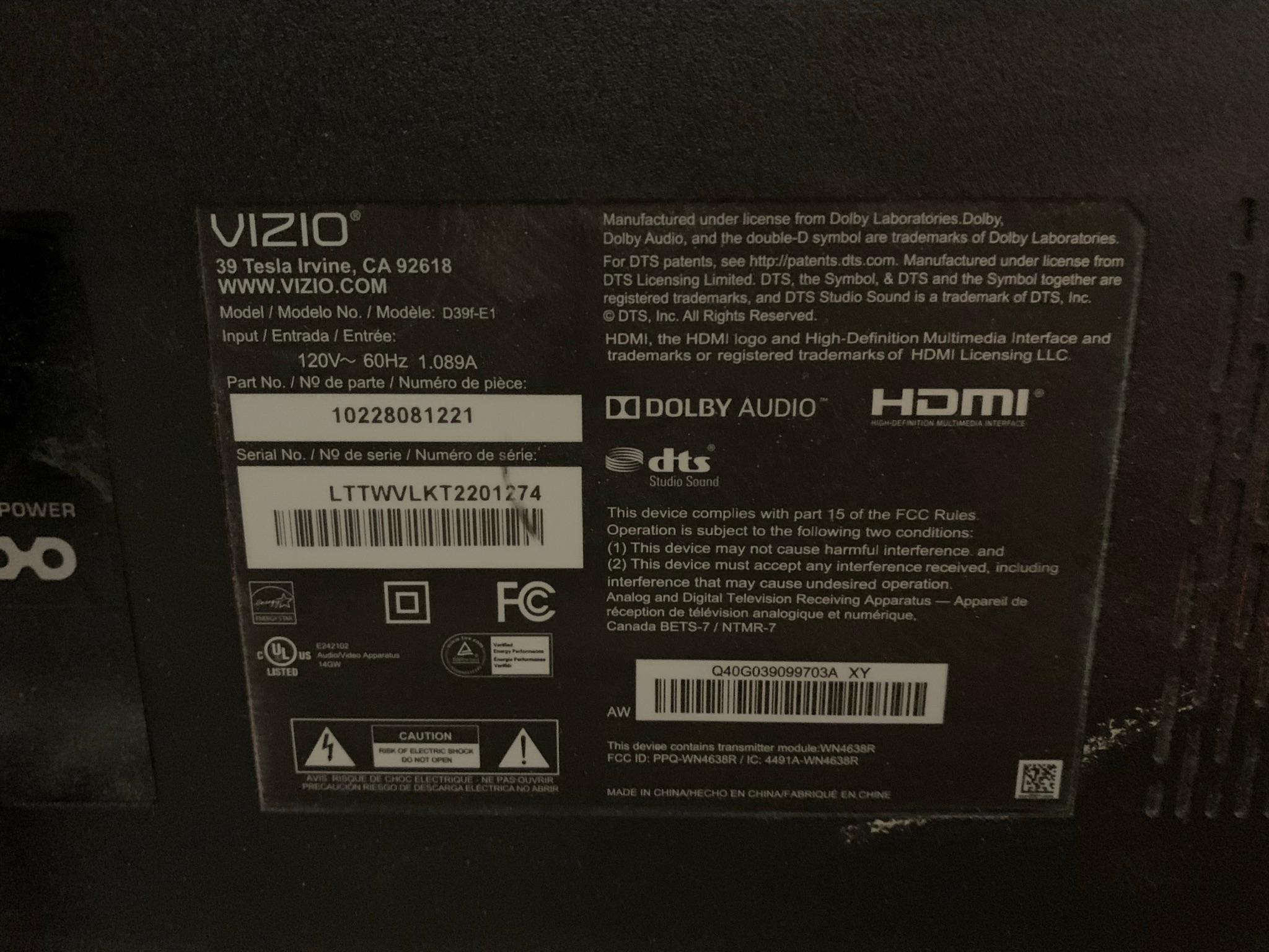 Vizio 39 inch TV with Remote & Antenna