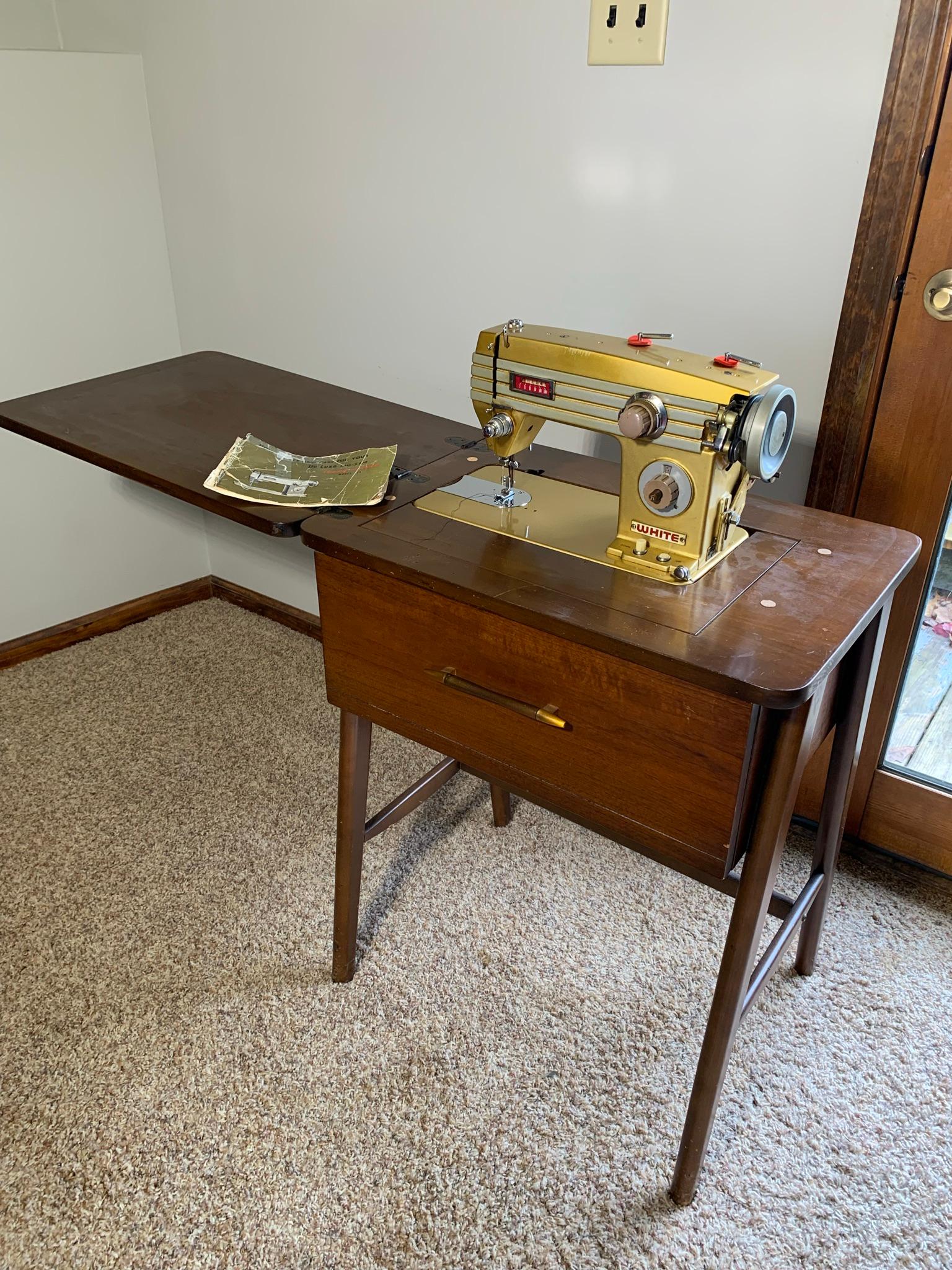 Beautiful MCM Style Sewing Cabinet with White Deluxe Zig-Zag Sewing Machine Model 765