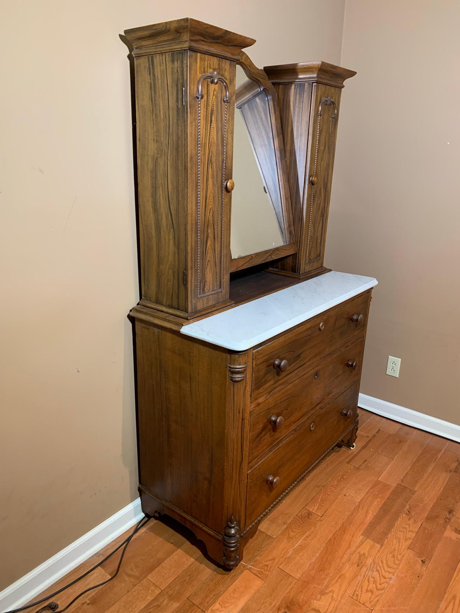 Antique Unusual Marble Top Dresser with Mirror