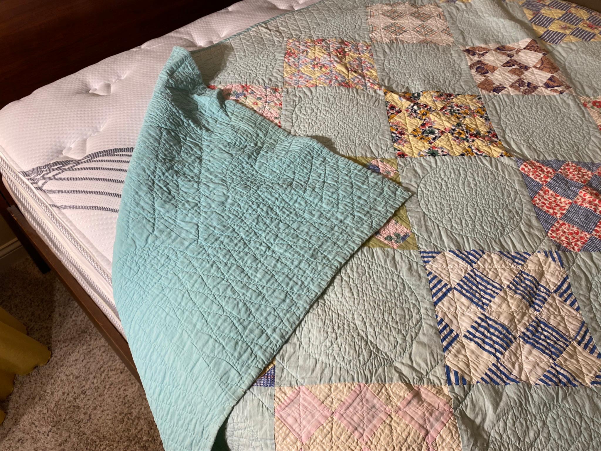 Antique Blue Quilt with Diamonds - Hand Stitched