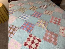 Antique Blue Quilt with Diamonds - Hand Stitched