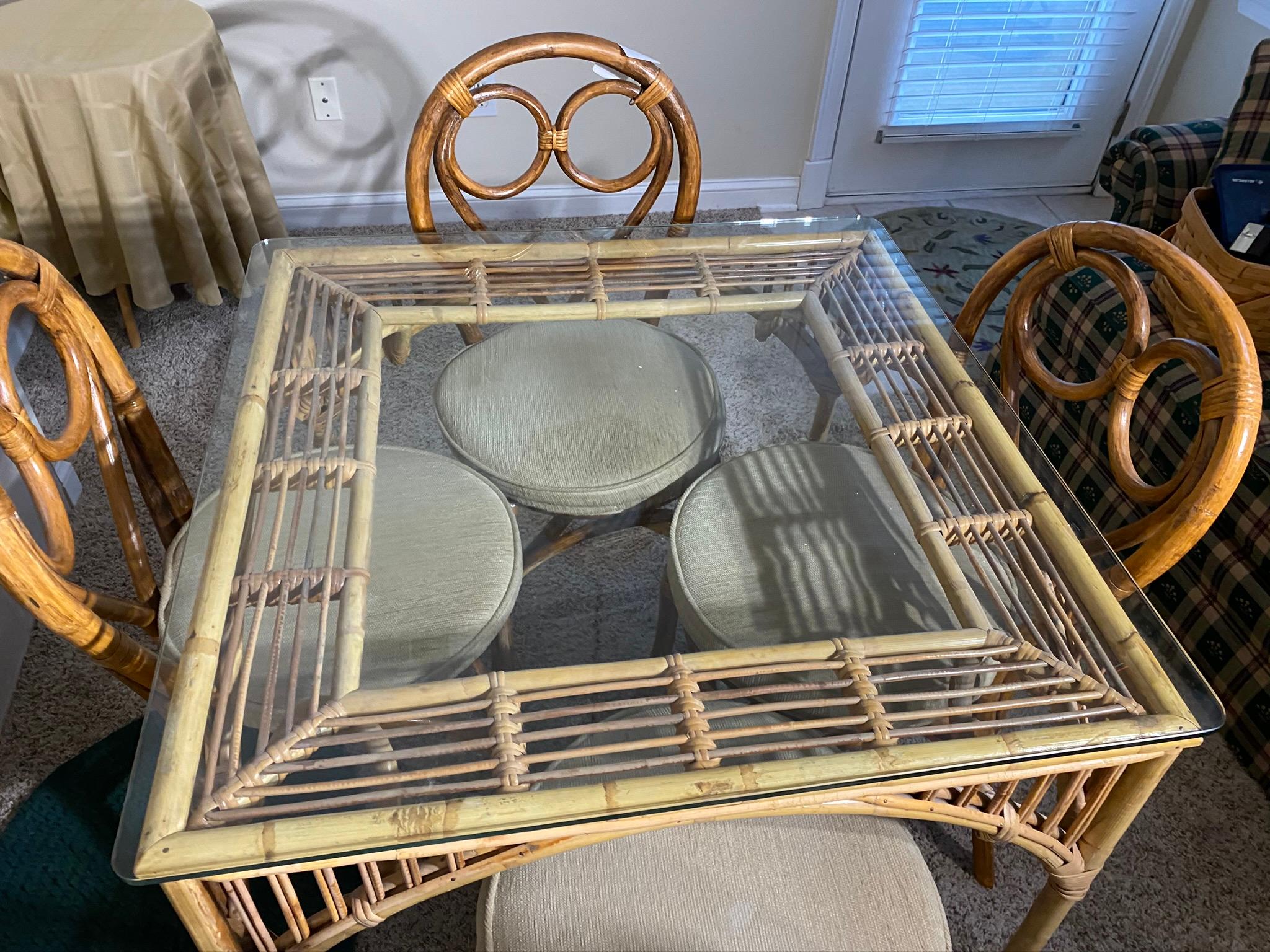 Bamboo table and chairs with glass top PLUS
