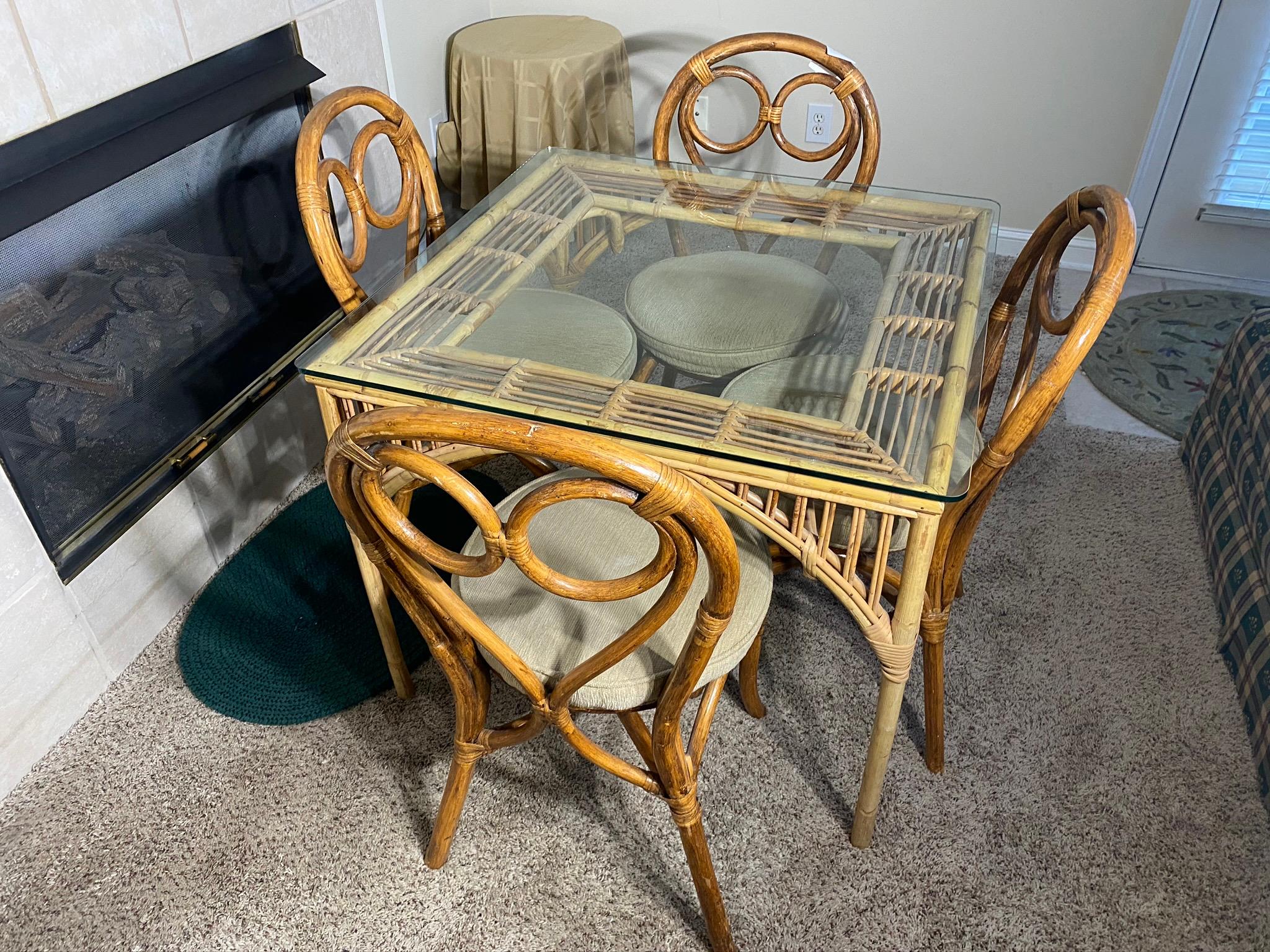 Bamboo table and chairs with glass top PLUS