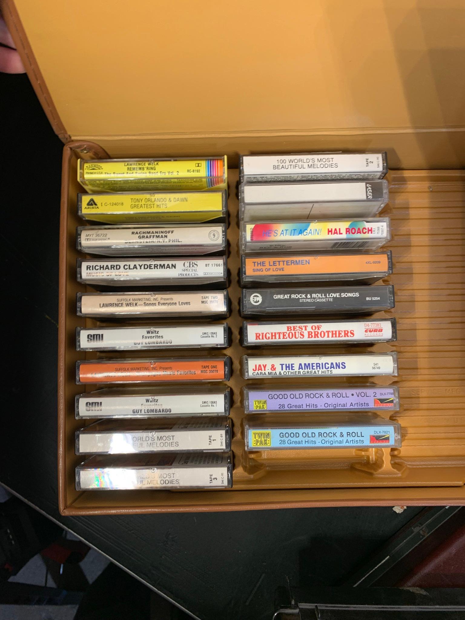 Large Group of Cassette Tapes, Household Items, Shot Glasses, Records, Plastic Shelf & More