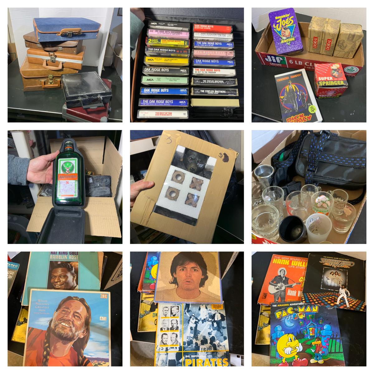 Large Group of Cassette Tapes, Household Items, Shot Glasses, Records, Plastic Shelf & More