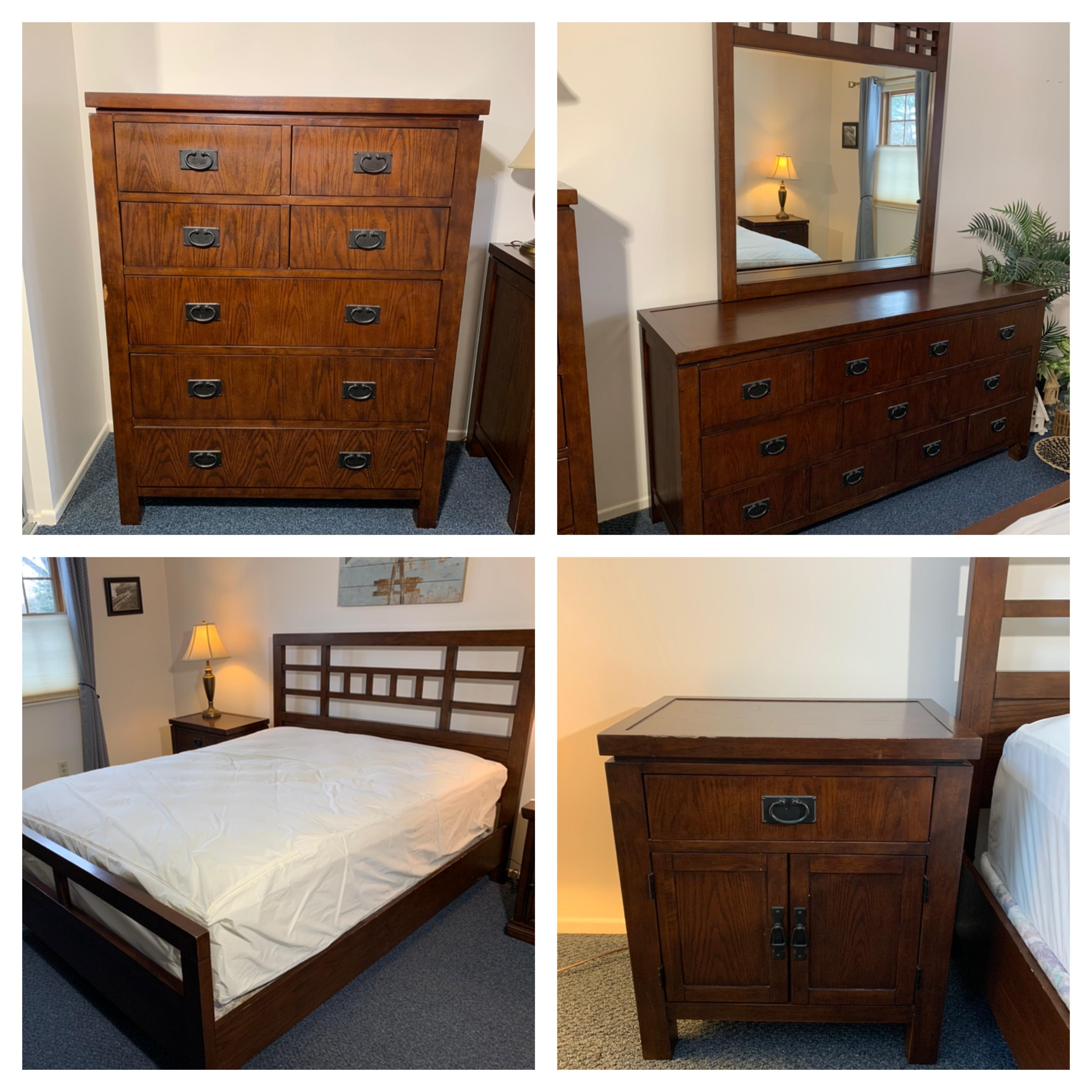 Queen Bedroom Set Including - Bed, Mattress, Box Spring, Chest of Drawers, Dresser & Night Stand