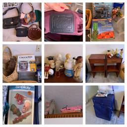 Purses, Shoe Rack, Night Stands, Avon Bottles, Baskets, New Crock Pot & More