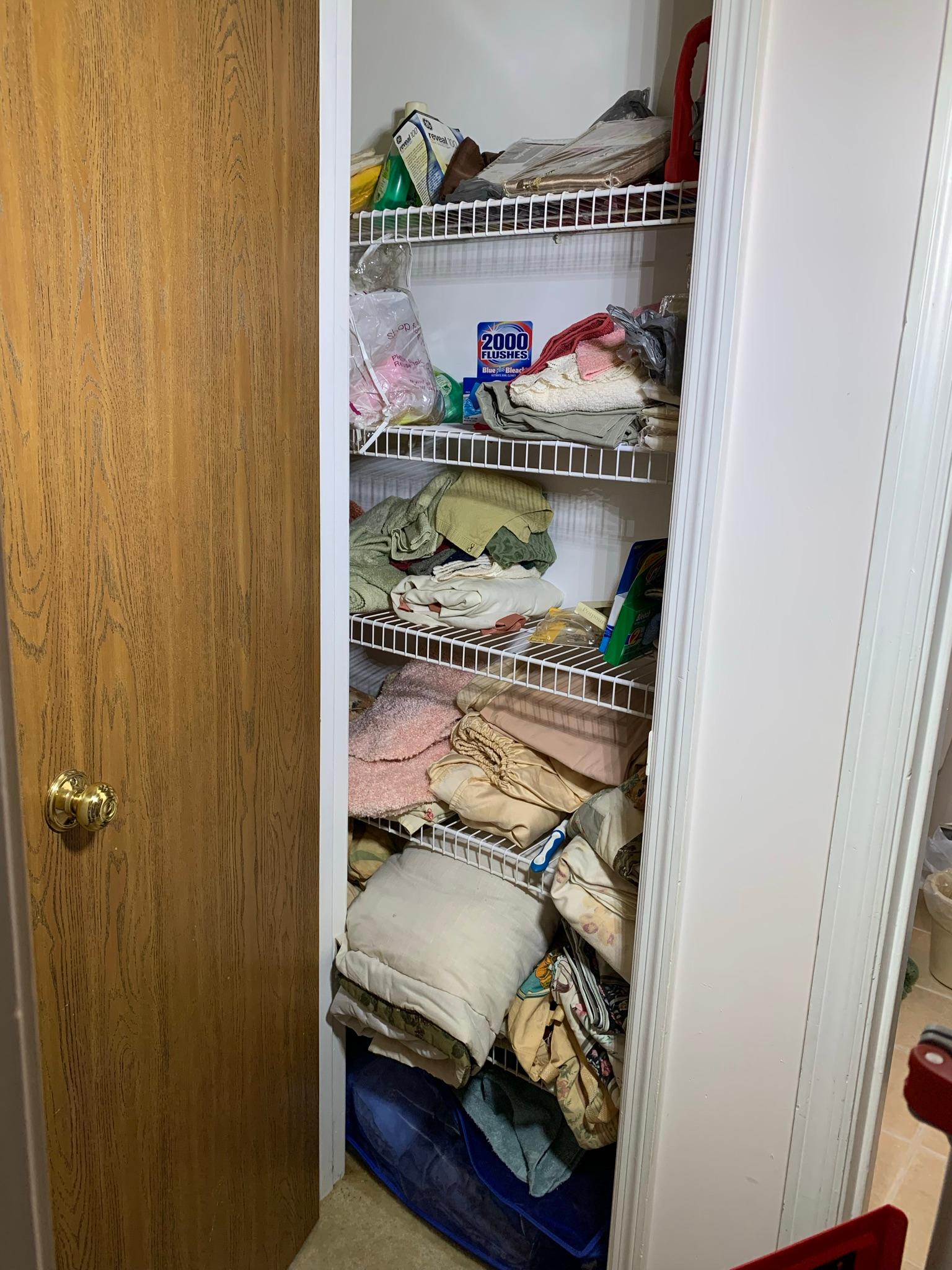 Linen Closet Clean Out & Bathroom Cleanout - Curtains, Cleaning Items, Towels & More