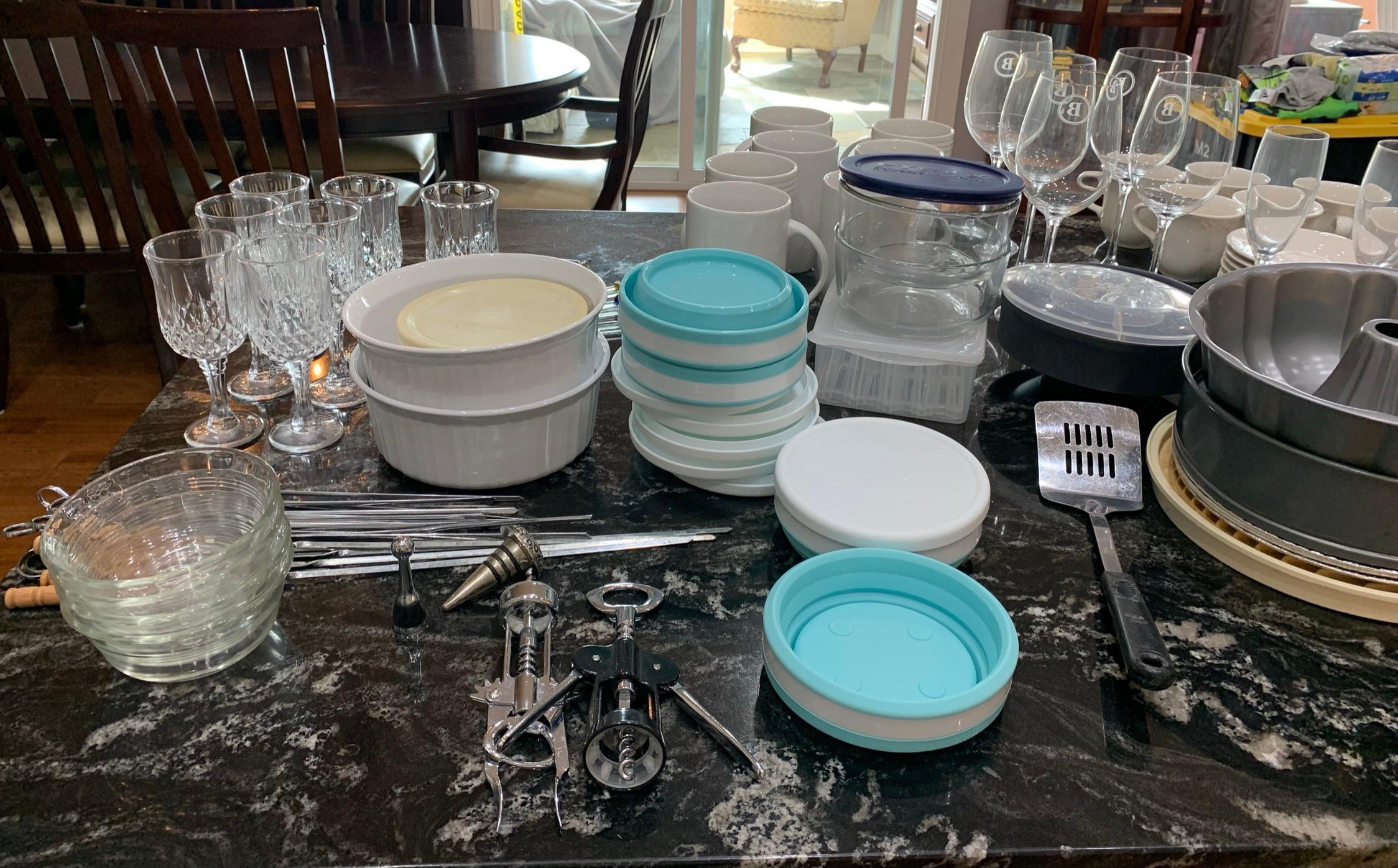 Great Group of Kitchen Items, Containers, Baking Items, Stemware, Glassware, Drink Stirrers, Mugs, &