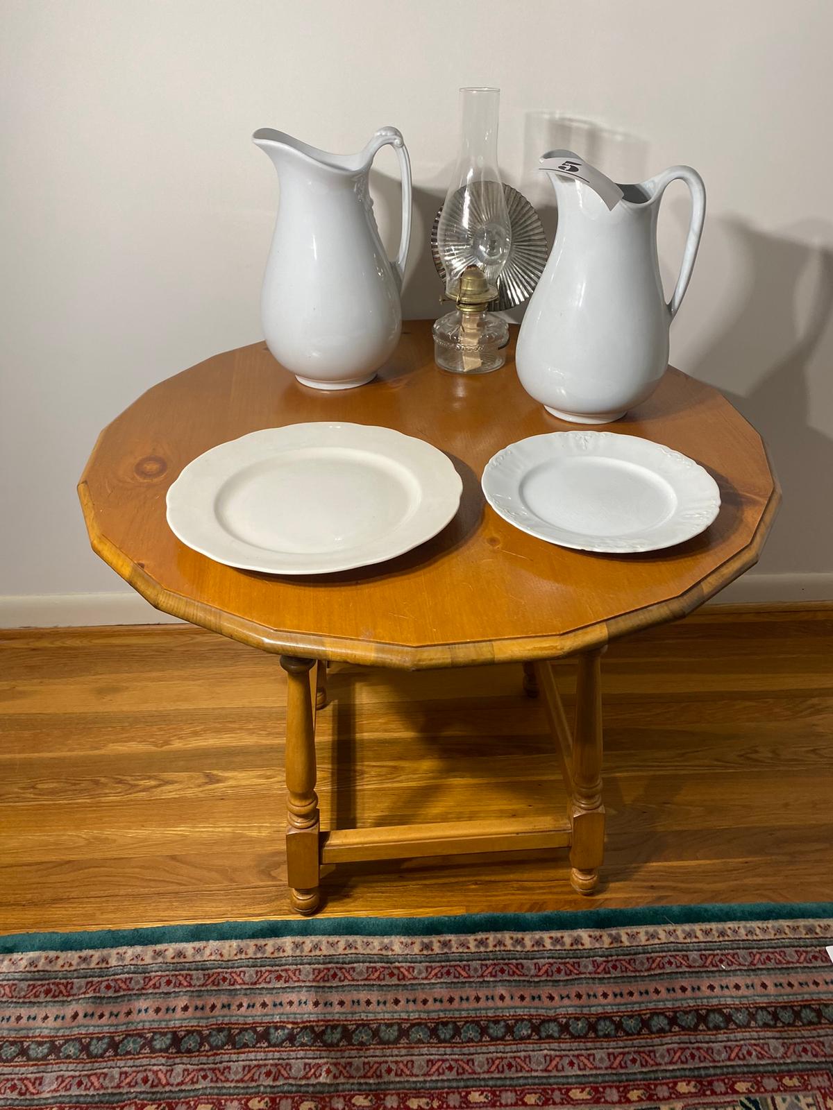 Vintage Tavern Table, Pitchers, Plates, Oil Lamp